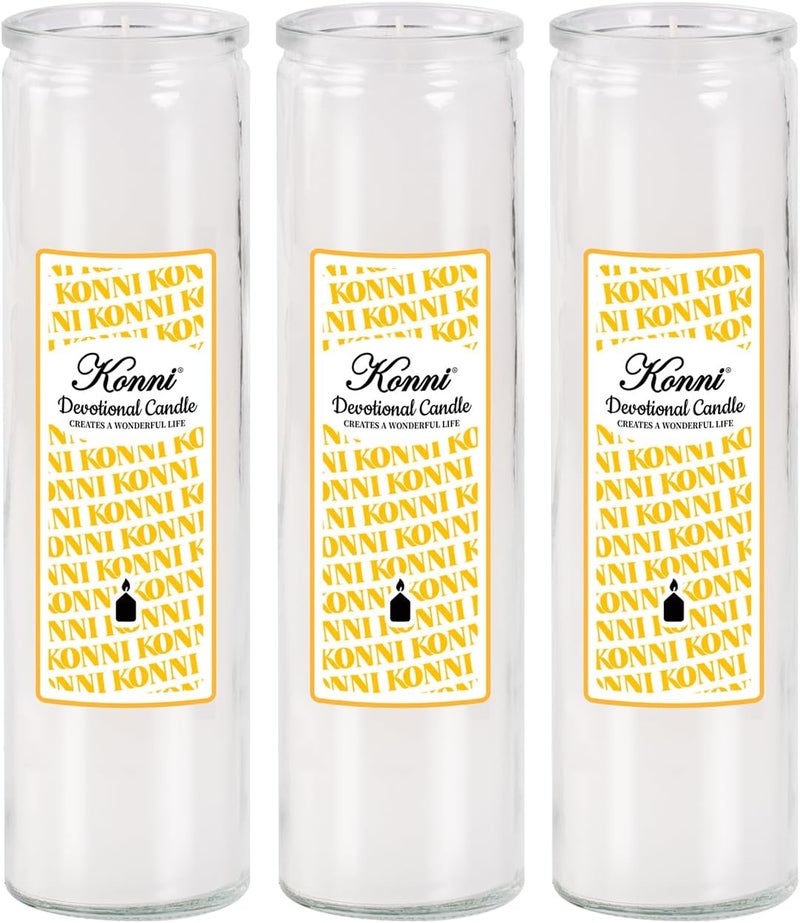 KONNI 2x8 Inch White Pillar Candles in Glass Set of 3, Devotional Prayer Candle, Unscented Religious Candles, 105 Hours Emergency Long Burning, Ideal for Memorials, Vigil, Blessing - Image 1